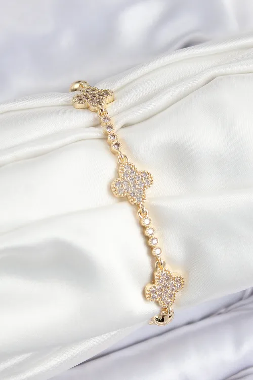 ietaks™ Pirinç Zirkon Taşlı Yonca Model Gold Renk Kadın Bileklik
