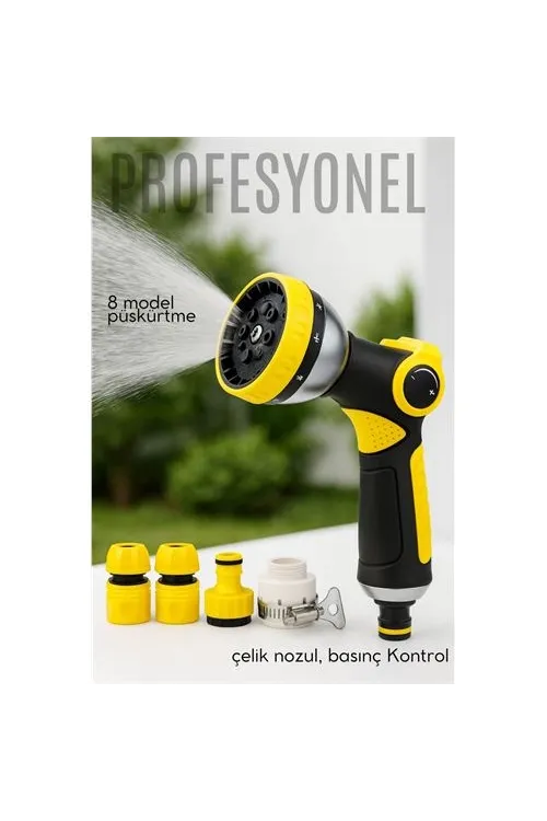 Profesyonel 8 Modelli Metal Basınçlı Sulama Tabancası Seti | Ayarlanabilir Jet | Hortum Konnektörlü 722523