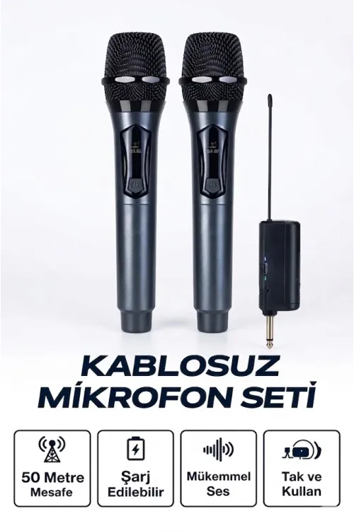 Profesyonel Çiftli Kablosuz Mikrofon Seti Karaoke Şarj Edilebilir 50 Metre