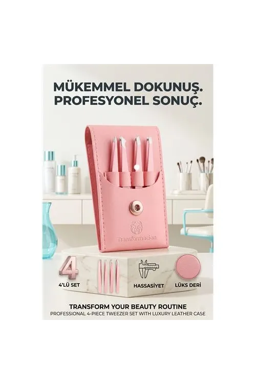 Profesyonel Kaş Alma Cımbız Seti - 4lü Paslanmaz Çelik ve Özel Deri Taşıma Çantalı 723129