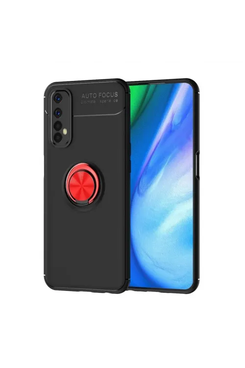 Realme 7 Kılıf Range Yüzüklü Silikon - Siyah-kırmızı