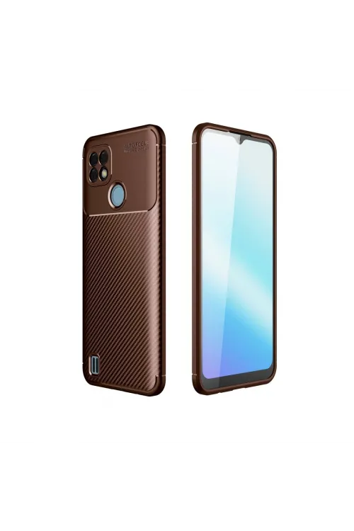 Realme C21 Kılıf Auto Focus Karbon Kapak - Kahverengi