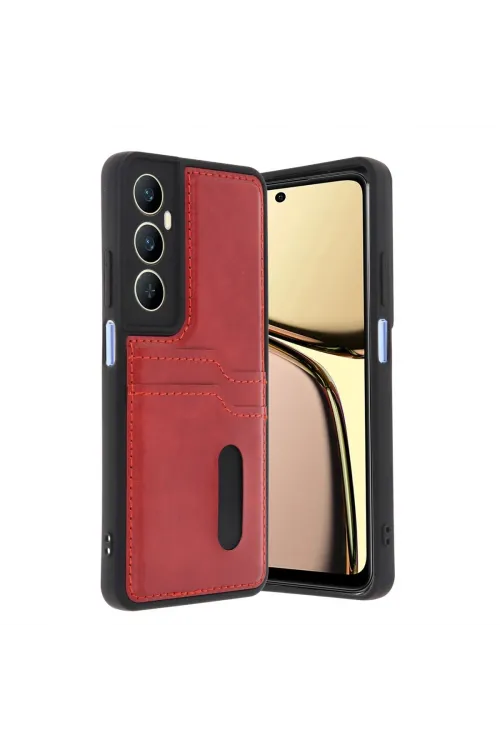 Realme C65 Sara Kartvizitli Deri Kılıf - Kırmızı