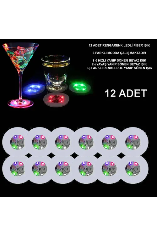 Renkli LED Işıklı Bardak Altlığı - Dekoratif (12 Adet, Pilli)