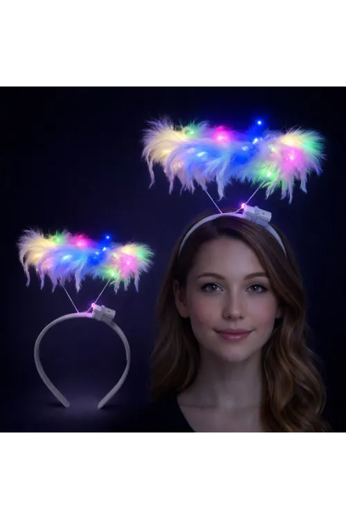 Renkli LED Işıklı Beyaz Tüylü Püsküllü Parti Tacı
