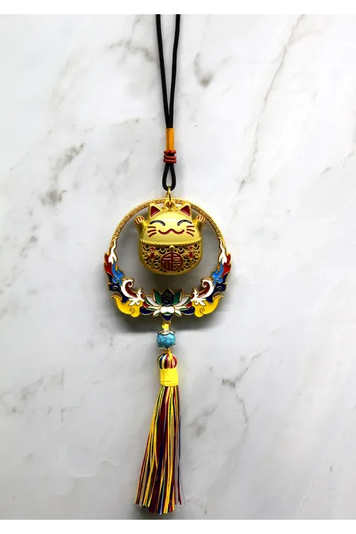 Renkli Püsküllü Şans Kedisi Feng Shui Askılık
