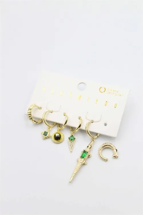 Renkli Taşlı Set Küpe - Altın