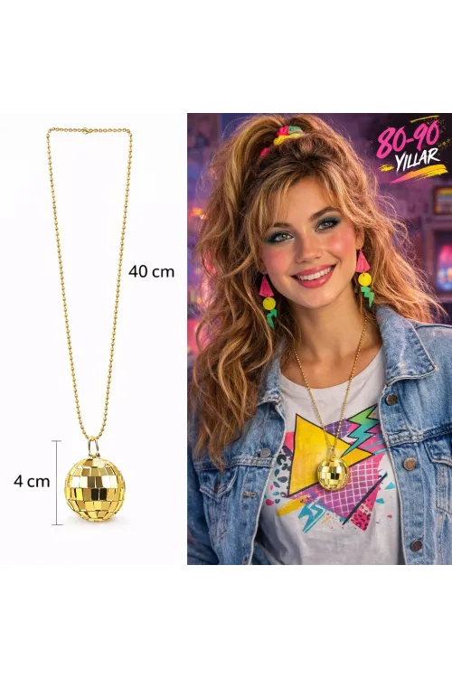 Retro Disko Topu Şekilli 80'ler 90'lar Altın Renk Plastik Kolye