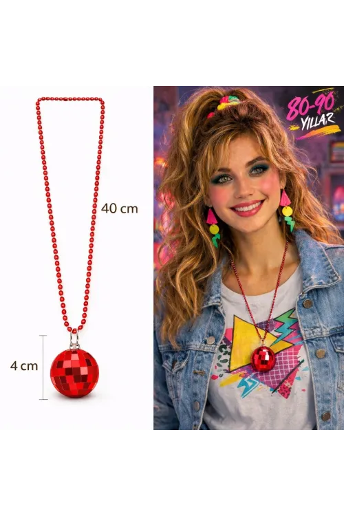 Retro Disko Topu Şekilli 80'ler 90'lar Kırmızı Renk Plastik Kolye