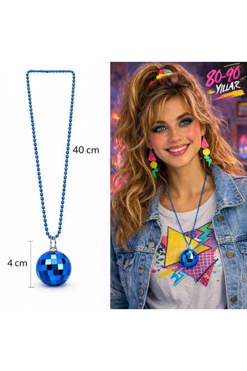 Retro Disko Topu Şekilli 80'ler 90'lar Mavi Renk Plastik Kolye