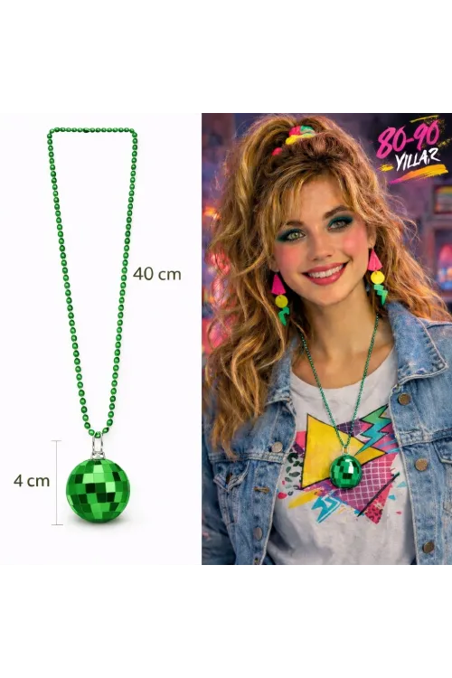 Retro Disko Topu Şekilli 80'ler 90'lar Yeşil Renk Plastik Kolye
