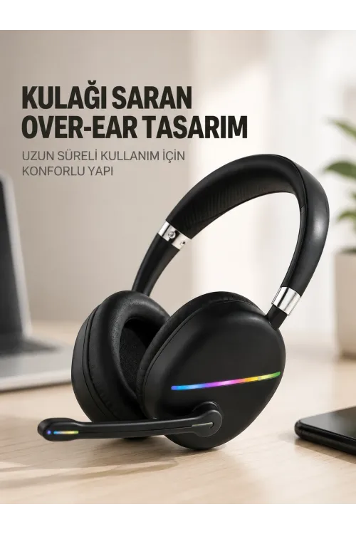 Rgb Işıklı Bluetooth Mikrofonlu Kulaklık Uzun Süreli Kullanım Type-c Şarjlı