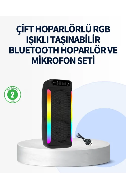 Rgb Işıklı Çift Hoparlörlü Taşınabilir Bluetooth Speaker Ve Mikrofon
