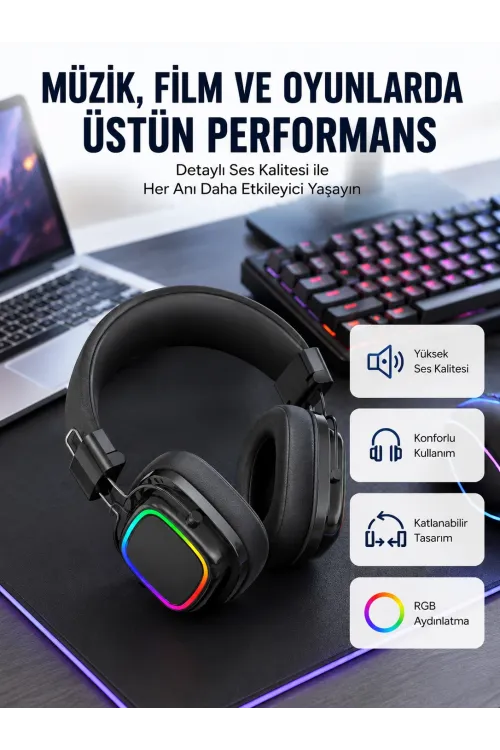 Rgb Işıklı Katlanabilir Bluetooth 5.3 Kulak Üstü Kulaklık