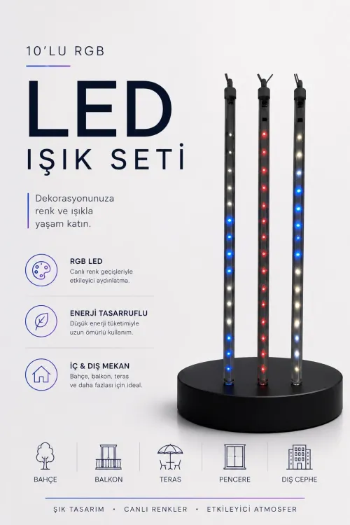 Rgb Led Dış Ve İç Mekan Süsleme Işığı 10 Çubuklu Şerit
