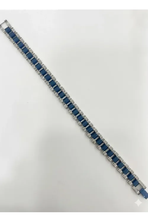 Rodyum-mavi Çelik  Erkek Çelik Bileklik Boy 21.5 Cm / En 1.0 Cm  - Ebl0067