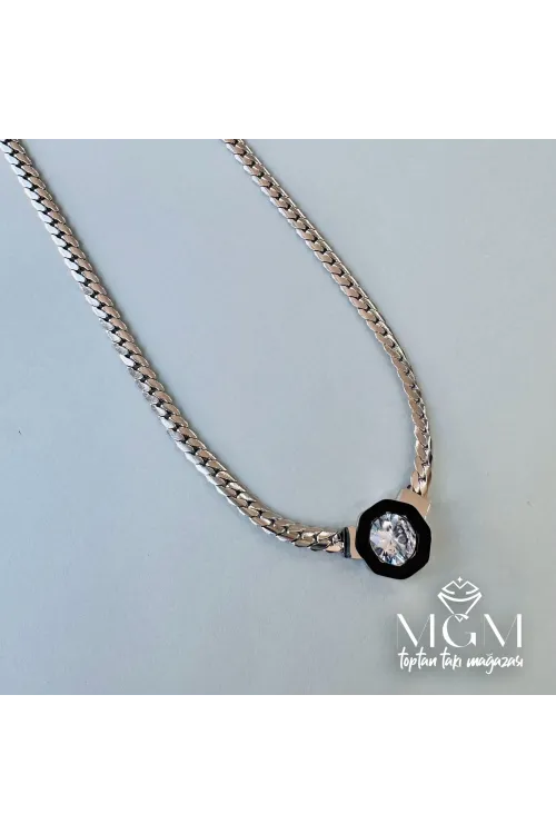 Rodyum Zirkon Taşlı Çelik Çelik Kolye 40+5 Cm - Kl0188
