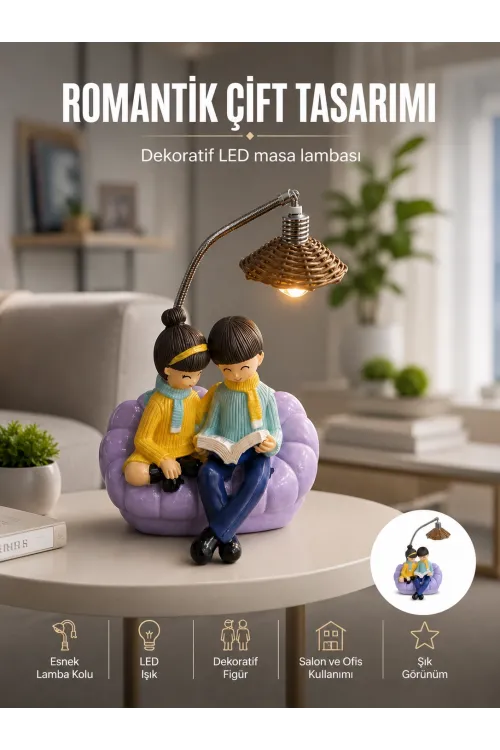 Romantik Çift Figürlü Okuyan Çift Masa Lambası Dekoratif Led Aydınlatma