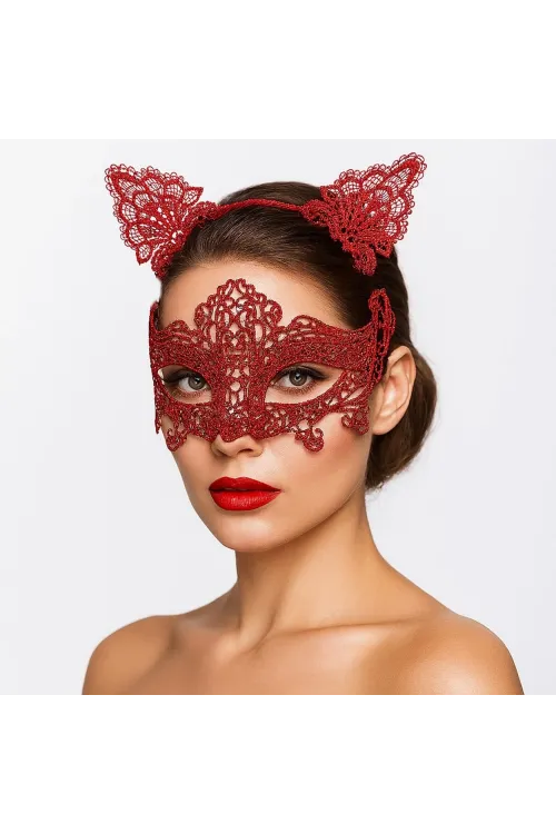 Romantik Kırmızı Dantel Maske Seti – Kedi Kulaklı Taç Ve Maske 3 No