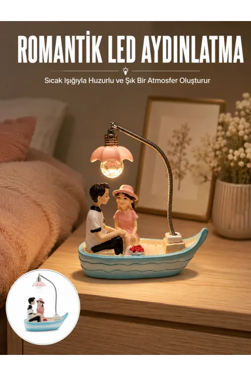 Romantik Sandal Üzerinde Çift Figürü Led Gece Lambası Masa Dekoru Yeni Nesil
