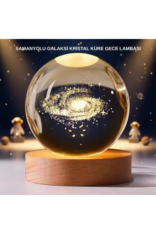 Samanyolu Desenli Kristal Küre Ahşap Standlı Gün Işığı Led Masa Lambası