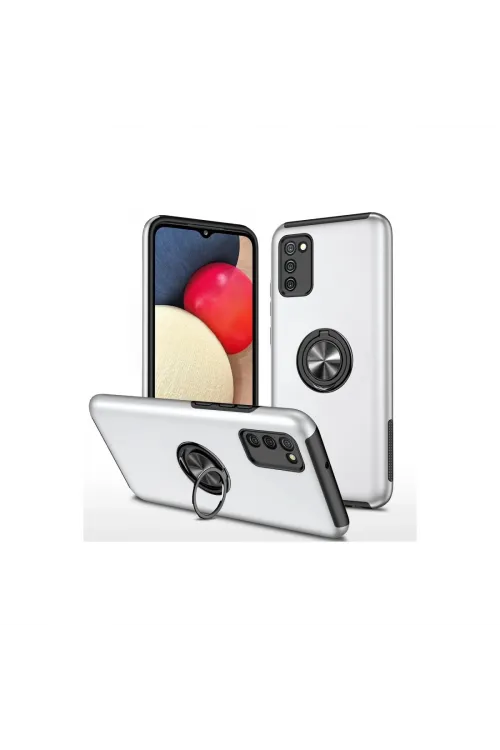 Samsung Galaxy A02s Kılıf Elit Yüzüklü Kapak - Gümüş