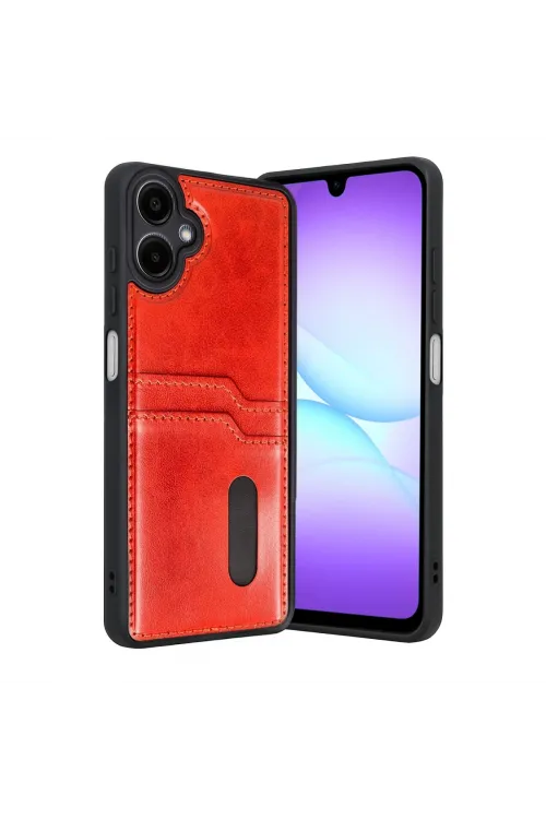 Samsung Galaxy A07 4g Sara Kartvizitli Deri Kılıf - Kırmızı