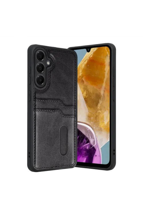Samsung Galaxy M15 Sara Kartvizitli Deri Kılıf - Siyah