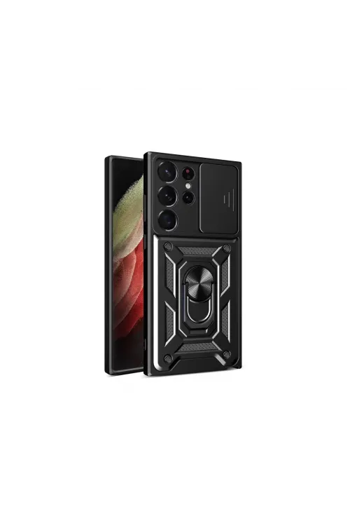 Samsung Galaxy S23 Ultra Kılıf Pars Lens Yüzüklü Silikon - Siyah