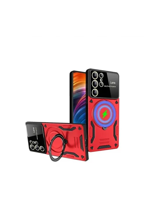 Samsung Galaxy S24 Ultra Kılıf Joy Lens Standlı Kapak - Kırmızı