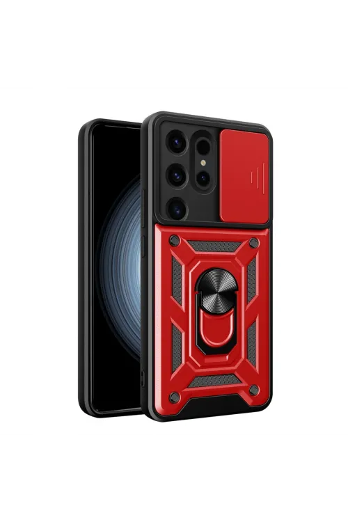 Samsung Galaxy S24 Ultra Kılıf Pars Lens Yüzüklü Silikon - Kırmızı