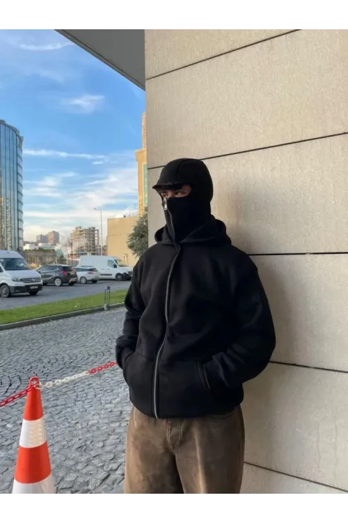 Samuray Ninja Çift Kapşonlu ZIP Fermuarlı Kanguru Çepli Tam Fermuarlı Hoodie Swetshirt - Siyah