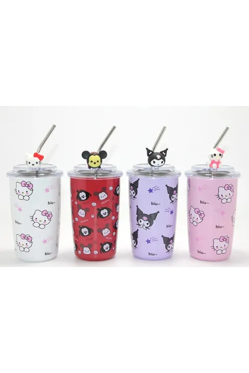 Sanrio Hello Kitty & Kuromi Figürlü Isı Muhafazalı Metal Pipetli Çelik Kupa IEG4428