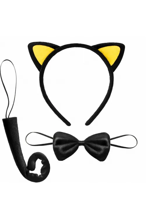 Sarı Kulaklı Kedi Kostüm Seti – Taç, Papyon, Kuyruk