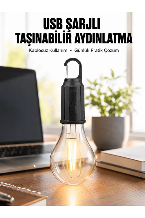 Şarjlı Dekoratif Kamp Lambası Askılı Ampul Led Işık Type-c Girişli