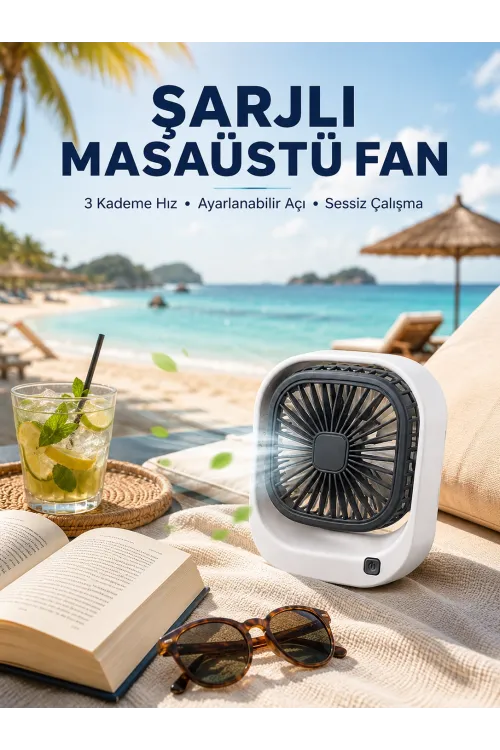 Şarjlı Masaüstü Fan 3 Kademeli Hız Ayarlı Güçlü Hava Akışı