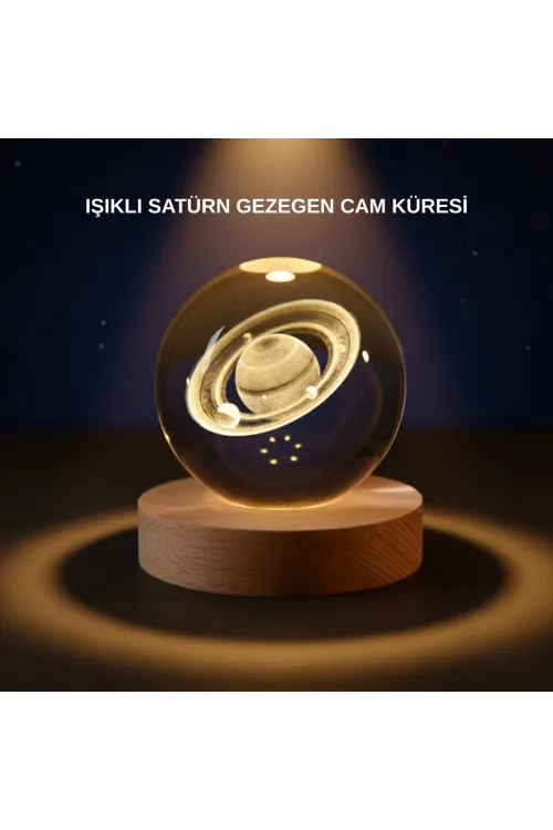 Satürn Desenli Kristal Küre Led Gece Lambası Ahşap Standlı