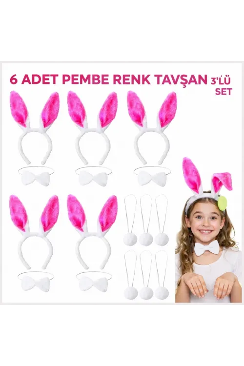 Şeker Pembesi Tavşan Sahne Seti 6'lı Set Taç Papyon Kuyruk