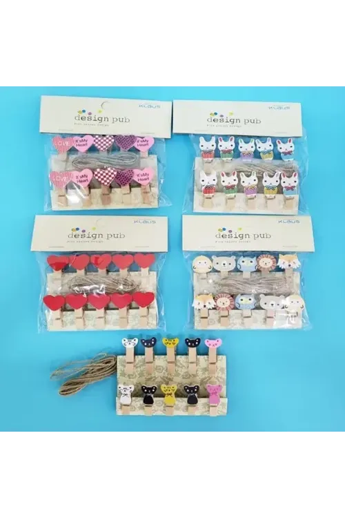 Şekilli Renkli Ahşap Mandal Seti (10lu Paket)