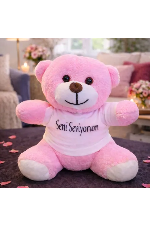 Seni Seviyorum Tişörtlü Pembe Peluş Ayıcık