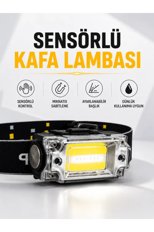 Sensör Kontrollü Şarjlı Beyaz Led Kafa Lambası Ve El Feneri