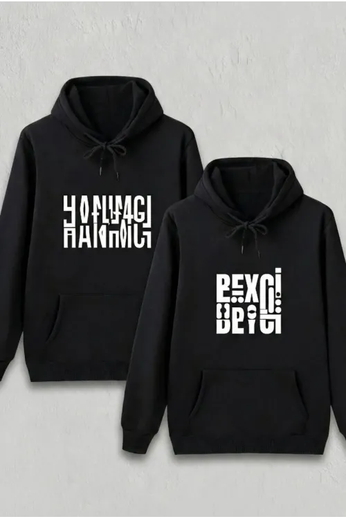 Sevgililer Günü Beyci Hediye Baskılı Oversize Kapüşonlu Sweatshirt - Siyah