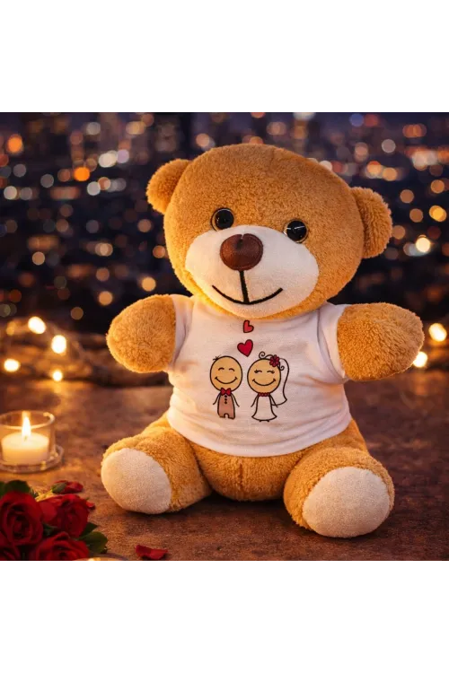Sevimli Gelin Damat Tişörtlü Peluş Ayıcık