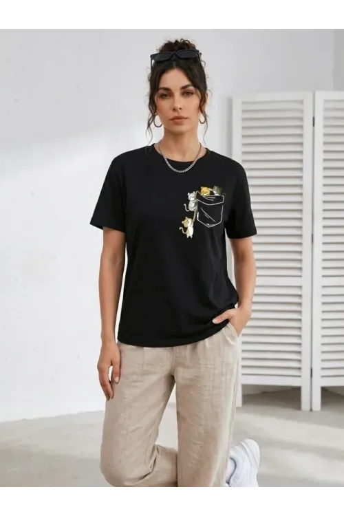 Sevimli Kedi Cep Baskılı Tişört Kısa Kol Yazlık T-Shirt - Siyah