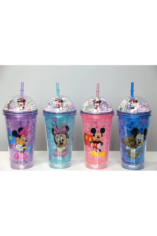 Sevimli Mickey Mouse Pipetli Işıklı Boncuklu Suluk Bardak 400 ml