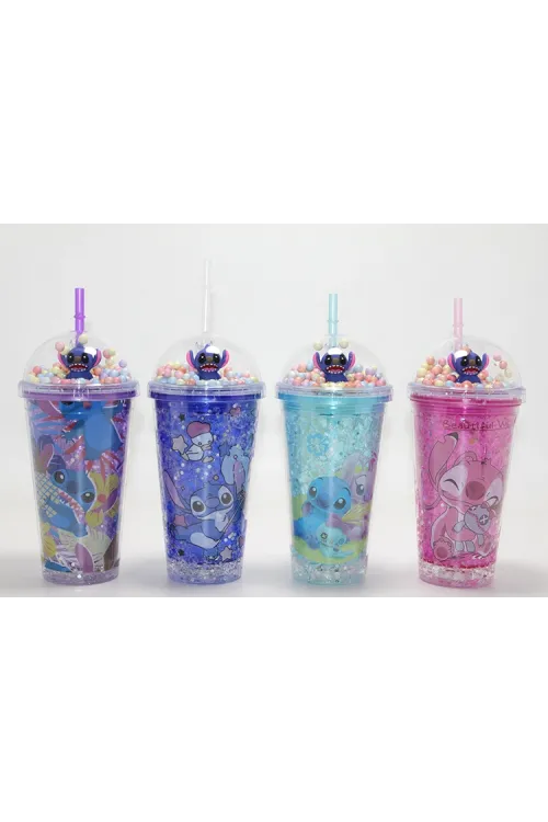 Sevimli Stitch Işıklı Pipetli Pullu Suluk Bardak 400 ml
