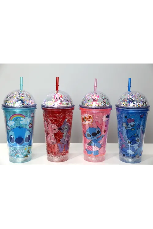 Sevimli Stitch Pipetli Işıklı Pullu Suluk Bardak 400 ml