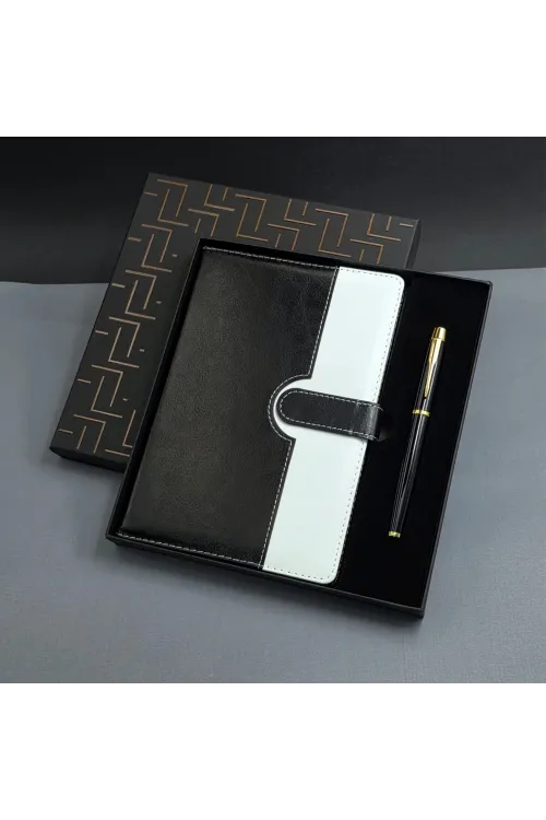 Siyah Beyaz Renkli Tarihsiz Ajanda Defter Ve Metal Roller Kalem Seti