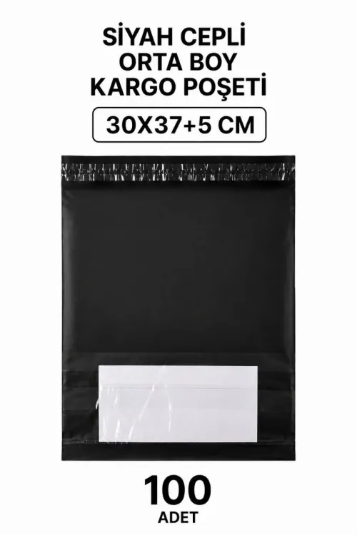 Siyah Cepli Orta Boy Kargo Poşeti 30x37+5 Cm 100 Adet