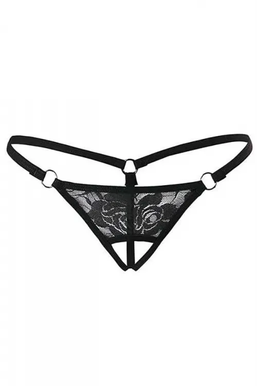 Siyah Dantelli Özel Bölgesi Açık G-String IEG1167